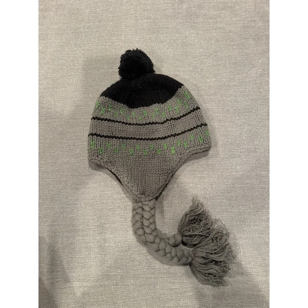 The North Face Gray Knit Earflap Beanie Hat Pom Pom Green Black Winter